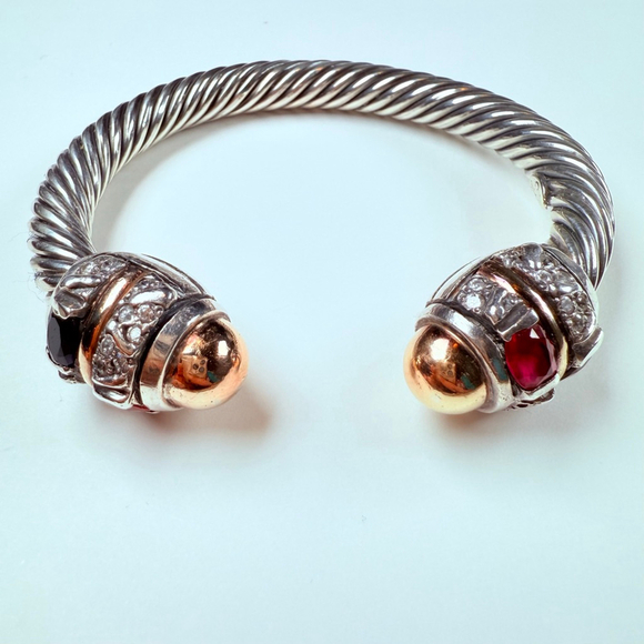 14K Gold Renaissance Ruby & Spinel Cable Cuff Sterling Silver 925 Bracelet - Picture 1 of 11